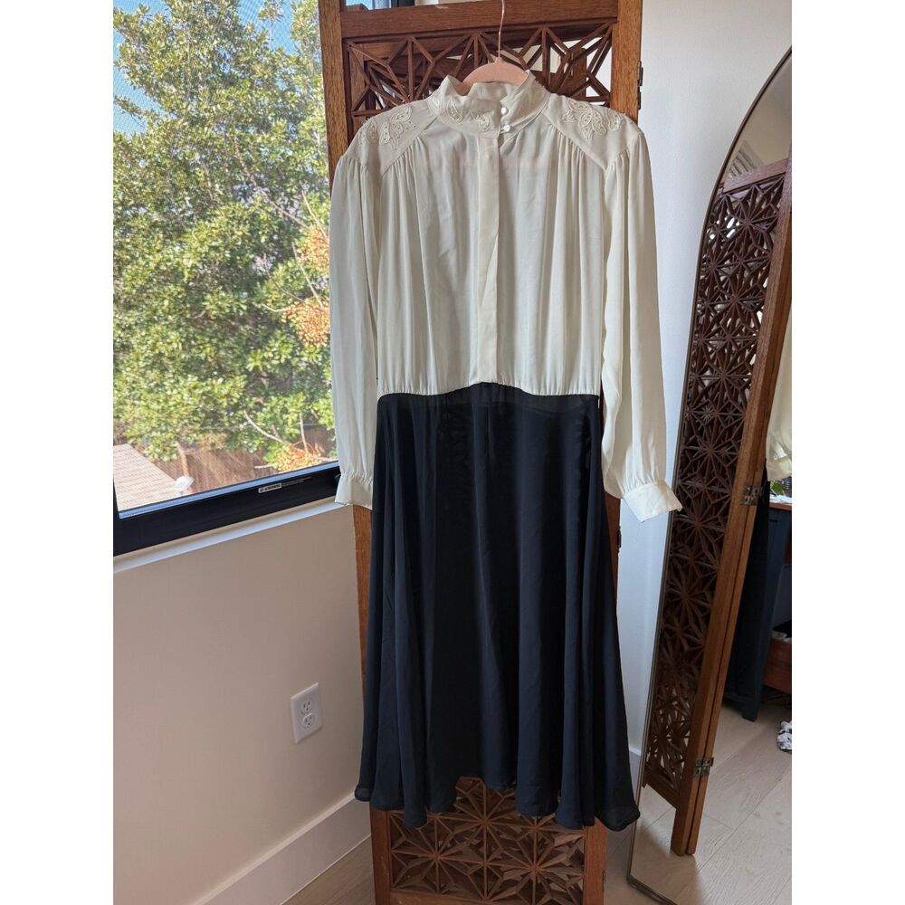 Vintage Andrea Gayle Petites Black & Cream Maxi Dress Lace Yoke Long Sleeve 8